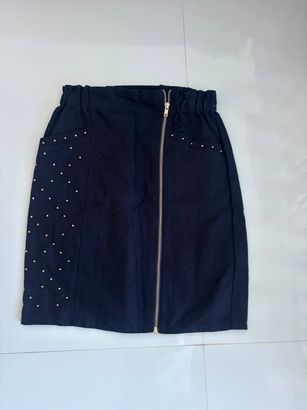 Maje Navy Pencil Skirt with Front Zip & Stud Accents